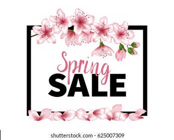 Spring sale poster with black and cherry text in rectangular frame. Pink flower blossom branch and petals pattern on white background. Seasonal give away banner, fashionable flyer design, spring sale.