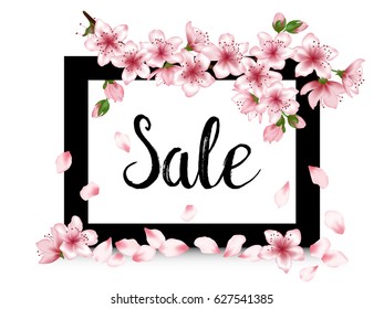Spring sale poster with black text in rectangular frame. Pink cherry flower blossom branch and petals pattern on white background. Seasonal give away banner or fashionable flyer design layout.