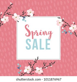 Spring sale poster with blossoming cherry tree branches. Seasonal business concept. Vector illustration backgrouns. Flat design.