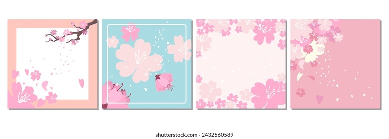 Spring sale poster with blossoming cherry tree branches. Seasonal business concept. Vector illustration background. Flat design set