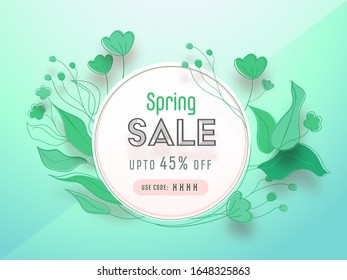 Spring Sale Poster Design with 45% Discount Offer and Leaves on Glossy Green Background.