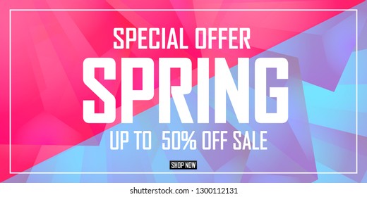 Venta de primavera, plantilla de diseño de afiches, hasta un 50% de descuento, oferta especial, ilustración vectorial