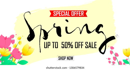 Spring Sale, poster design template, up to 50% off, special offer, vector illustration