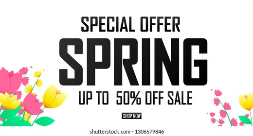 Spring Sale, poster design template, up to 50% off, special offer, vector illustration