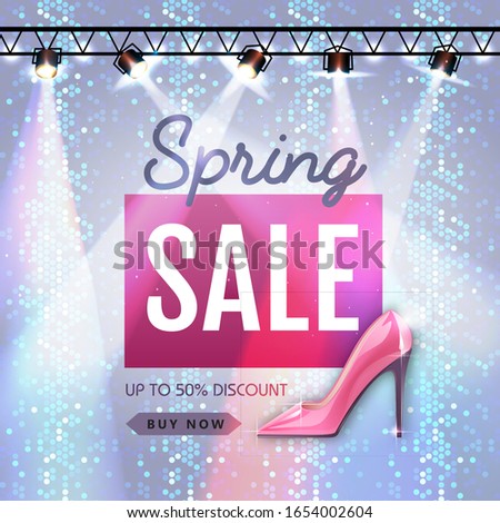 Spring sale poster in disco style. Womens day sale. Disco background