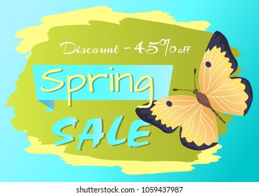 Spring sale poster discount -45% colorful butterfly of yellow and black color, advertisement card design with cute flying insect vector illustration sticker