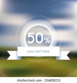 Spring sale poster with discount badge. Blurred background gradient mesh. Vibrant green grass and blue sky. Suitable for advertising offers in malls, shops. Eps10 vector illustration.