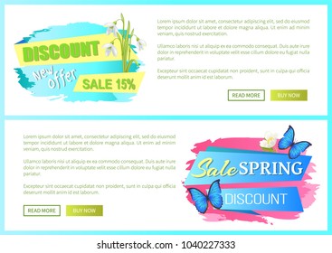 Spring sale poster discount colorful butterfly and anemone snowdrop springtime flowers, vector illustration promo sticker on web landing pages