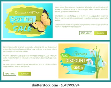 Spring sale poster discount colorful butterflies web posters set with push buttons, cute flying insects and snowdrop vector promo stickers on banner