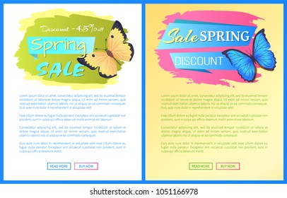 Spring sale poster discount colorful butterflies web posters set with push buttons, cute flying insect vector illustration promo stickers on banner