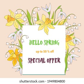 Spring sale poster in English with spring flowers, daffodils, snowdrops and lilies of the valley,
Vector illustration isolated on background
