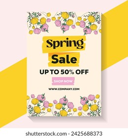 Frühlingsverkaufsplakat, Flyer-Schablonendekoration mit gelben, rosa Blumen 