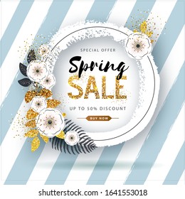 Spring sale poster with full blossom flowers and golden leaves. Spring flowers background