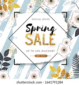 Spring sale poster with full blossom flowers and golden leaves. Spring flowers background