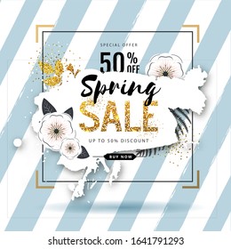 Spring sale poster with full blossom flowers and golden leaves. Spring flowers background