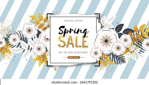 Spring sale poster with full blossom flowers and golden leaves. Spring flowers background