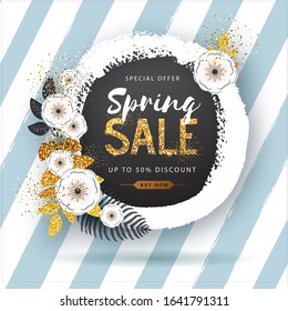 Spring sale poster with full blossom flowers and golden leaves. Spring flowers background