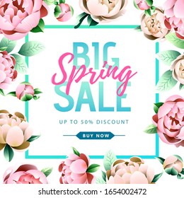 Spring sale poster with full blossom pion flowers. Spring flowers background