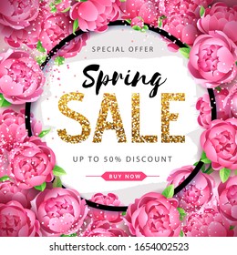 Spring sale poster with full blossom pion flowers. Spring flowers background
