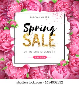 Spring sale poster with full blossom pion flowers. Spring flowers background