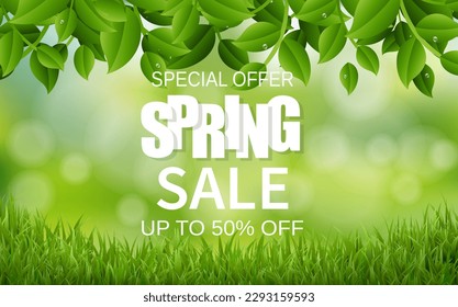 Spring Sale Poster With Grass Background With Gradient Mesh, Vector Illustration
