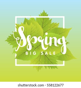 Spring Sale Poster With Green Leaf. Vector banner Template Illustration.
