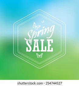 Spring sale poster with hexagonal badge. Typographic text, butterflies. Blurred background gradient mesh. Vibrant green for grass and blue for sky.