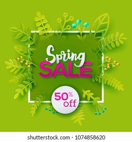 Spring sale poster invitation. Square green banner with green leaves. Seasonal banner in trendy paper art style. Design template for print or web. Vector illustration