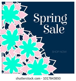 Spring Sale Poster with Paper Flowers. Floral Postcard or Banner. Paper cut design template. Vector illustration.