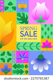 Frühlingslager einfache geometrische abstrakte Design. Komposition mit bunten Blumenelementen und Blättern für die Frühlingszeit. Vorlage für Website, Banner, Einladung, Flyer, Präsentation. Vektorgrafik