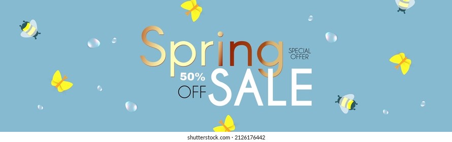 Spring sale poster template with butterflies, bees and water drops. Season offer.