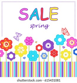 Spring sale poster template with colorful flowers and butterfly.