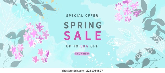 Spring sale poster template with  flower.Lilacs on blue background.Can be use banner, promotional materials,voucher, wallpaper,flyers, invitation, brochure, coupon discount.