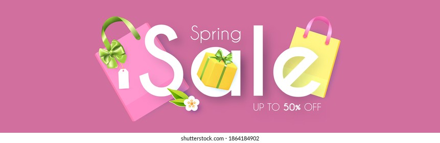 Spring Sale poster template. Seasom offer design with flowers, gift box and bags. Paper cut poster.