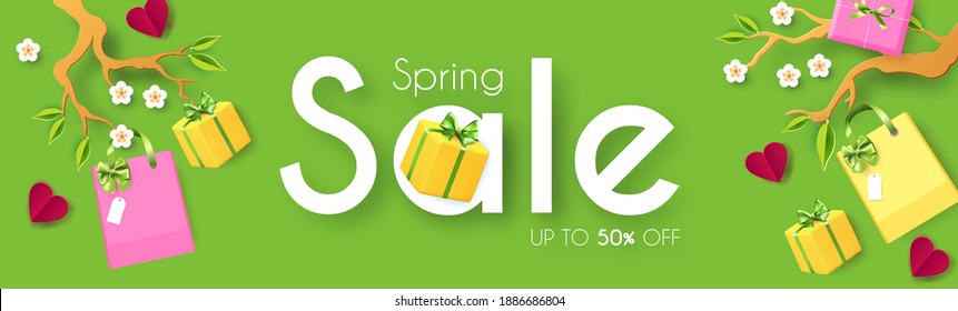 Spring Sale poster template. Seasom offer design with blooming branch, gift box and bags. Paper cut poster.