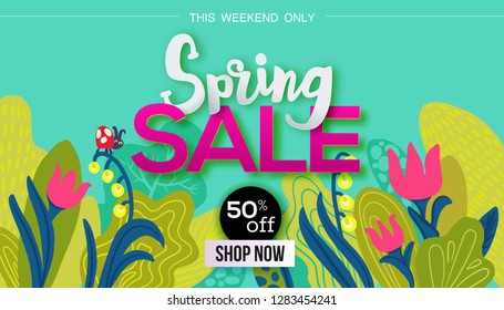 Spring sale poster, vector illustration. hand drawn leaves and season flowers and paper art cut out text business offer. For banner, flyer, web sites