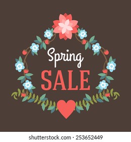 Spring sale poster. Vector illustration with label and flowers
