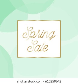 Spring sale poster/brochure design with text "Spring Sale" in gold and mint green bubbles in the background.