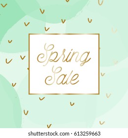 Spring sale poster/brochure design with text "Spring Sale" in gold and mint green bubbles in the background.