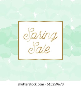 Spring sale poster/brochure design with text "Spring Sale" in gold and mint green bubbles in the background.