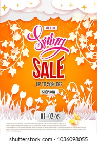 Spring Sale print poster design. Flowers, grass, clouds and butterfly cut out from white paper on a yellow backgdrop with doodle ornament. Paper art. Season Discount offer. Vector illustration