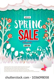 Spring Sale print poster design. Flowers, grass, clouds and butterfly cut out from white paper on a yellow backgdrop with doodle ornament. Paper art. Season Discount offer. Vector illustration