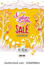 Spring Sale print poster design. Flowers, grass, clouds and butterfly cut out from white paper on a yellow backgdrop with doodle ornament. Paper art. Season Discount offer. Vector illustration