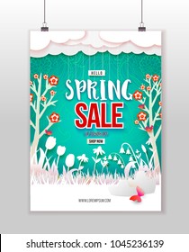 Spring Sale print poster design. Flowers, grass, clouds and butterfly cut out from white paper on a fresh green backgdrop with doodle ornament. Paper art. Season Discount offer. Vector illustration