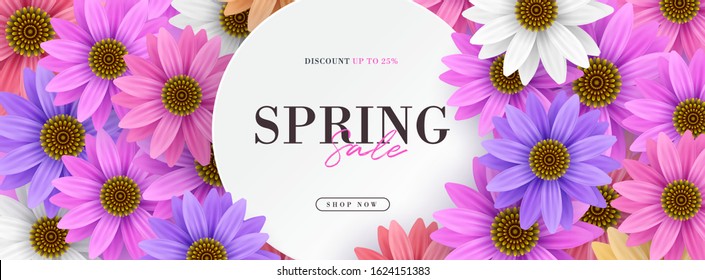 Spring sale promo discount banner template with colorful 3d flowers vector