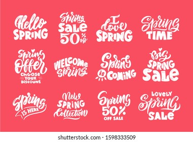 Spring sale promo lettering vector logos set. Big seasonal shopping event hand drawn stickers pack. Special price offer labels. New clothing collection ads. Hello spring postcard design elements