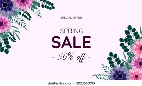 Spring Sale promo web banner. Beautiful editable floral frame background template with flowers, leaves, nature element. Vector illustration with spesial discount offer promotion marketing campaign