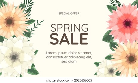 Spring Sale promo web banner. Multi color editable floral frame background template with place for your text for web, posters, social media, design, ads. Vector illustration spesial discount offer.