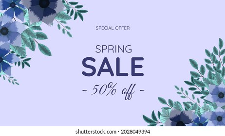 Spring Sale promo web banner. Beautiful editable floral frame background template with flowers, leaves, nature element. Vector illustration with spesial discount offer promotion marketing campaign