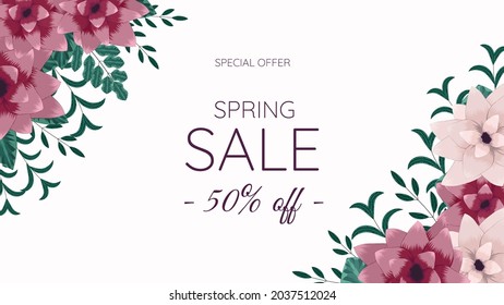 Spring Sale promo web banner. Beautiful editable floral frame background template with flowers, leaves, nature element. Vector illustration with special discount offer promotion marketing campaign